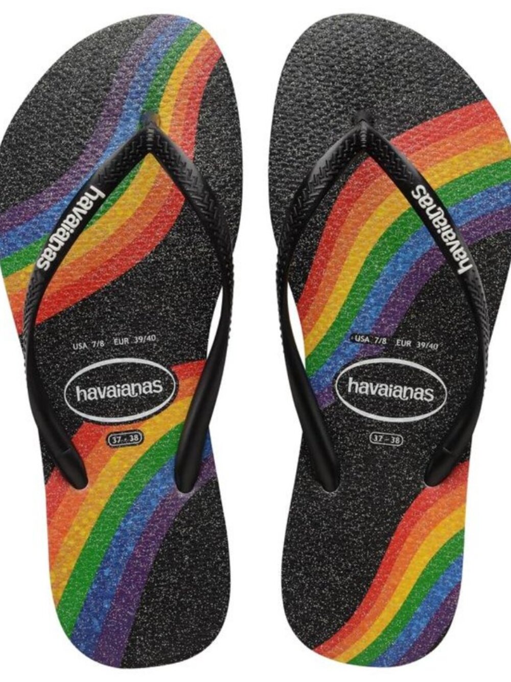 Havaianas Pride Rainbow Black Sparkle Flip Flops NWT